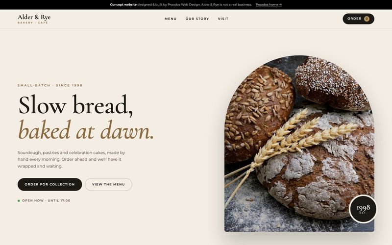 Alder and Rye concept bakery and café website homepage