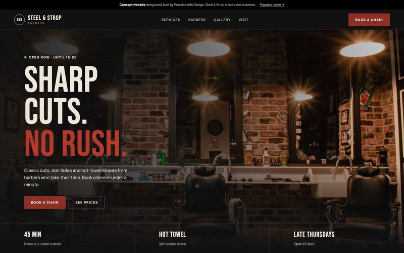 Steel and Strop concept barbershop website homepage